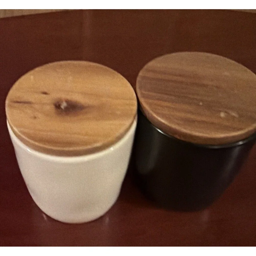 Rae Dunn Salt & Pepper Container Jar Set Ceramic Black & White Wood Lid 3.5